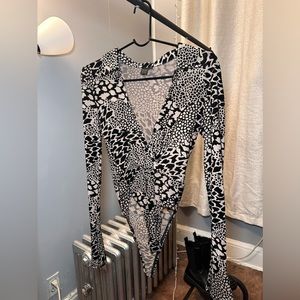 cream & black printed deep v-neck thonged bodysuit